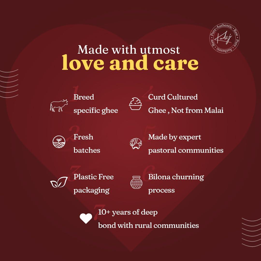 Kudej Kudej || Desi Hallikar Cow Pure A2 Ghee from Kaveri belt - 100% Bilona Churned Premium Cultured Ghee, Made using Ancient Vedic Processes, 250ML Glass Bottle with Sustainable Packaging