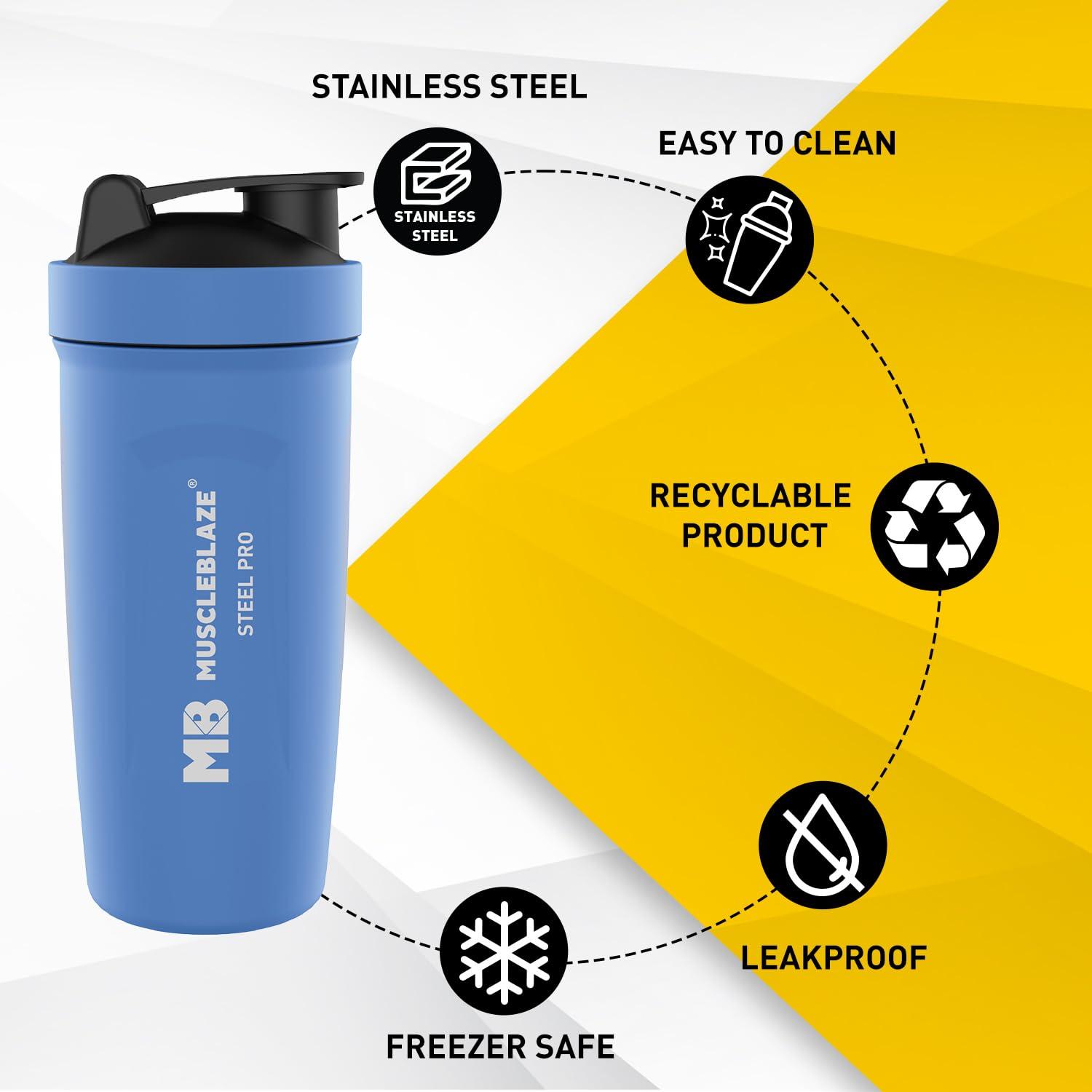 MuscleBlaze MuscleBlaze Steel Shaker 750 ml with Steel Whisk, Leakproof Gym Shaker Bottle for Supplements, Blizzard Blue