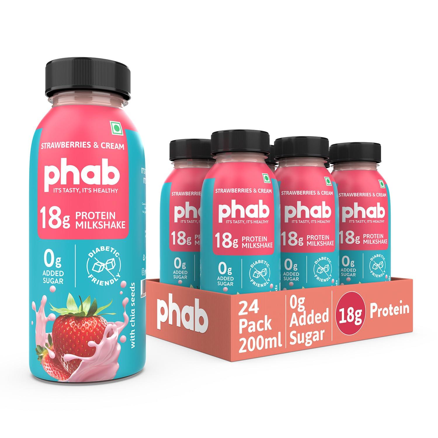 Phab Phab Strawberry Protein Milkshakes(200Ml, Pack Of 24) With 18G Protein & No Added Sugar | Gluten-Free & Gut-Friendly, Trans Fat Free | Healthy & Delicious Protein Shake