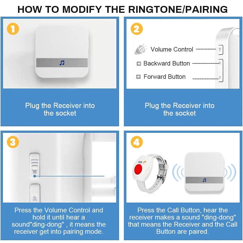 Supvox Supvox Pager Wireless Life Alert Systems for Seniors 80 M, (2 Call Buttons + 1 Receiver) Portable Pager Devices Wireless Caregiver 52 Ringtones, Home Travel Panic Buttons with Wrist Band