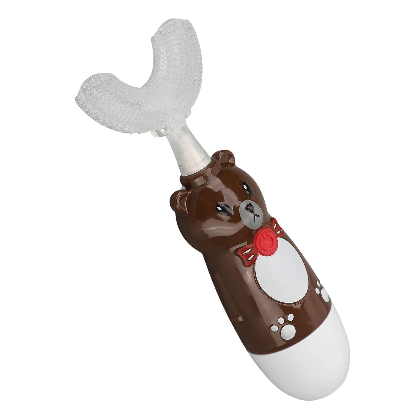 DNEI Sonic U Shaped Toothbrush, Kids Smart Toothbrush Automatic Ergonomic Cute Bear with 3 Brush Heads for Travel (Brown)