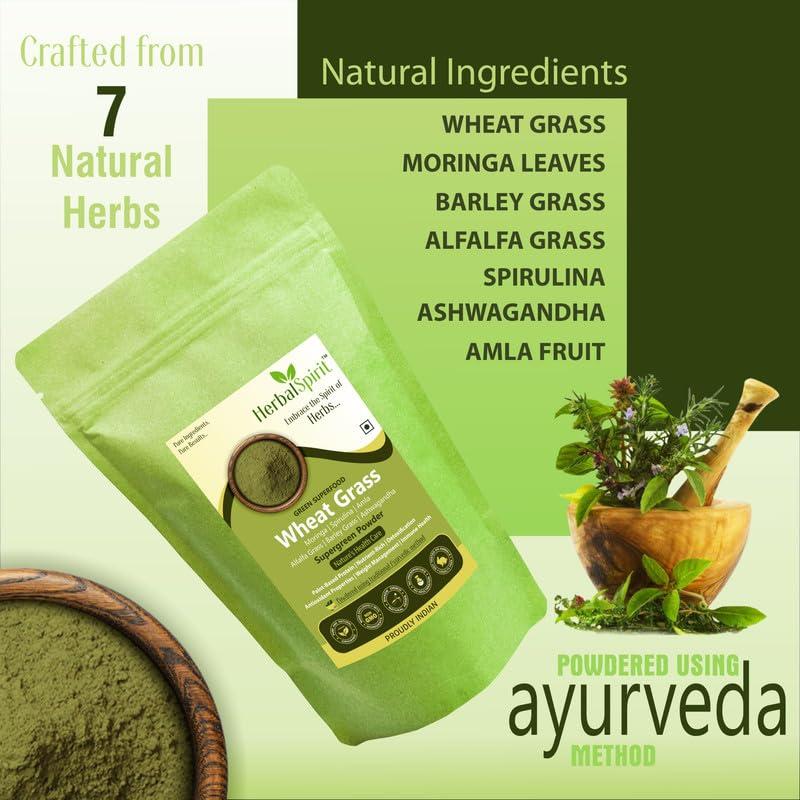 HerbalSpirit Herbal Spirit Daily Greens Supplement Superfood Powder, 400gm | Wheatgrass, Moringa, Alfalfa, Barley grass, Spirulina, Ashwagandha and Himalayan Amla fruit for Daily Greens Wellbeing Nutrition |