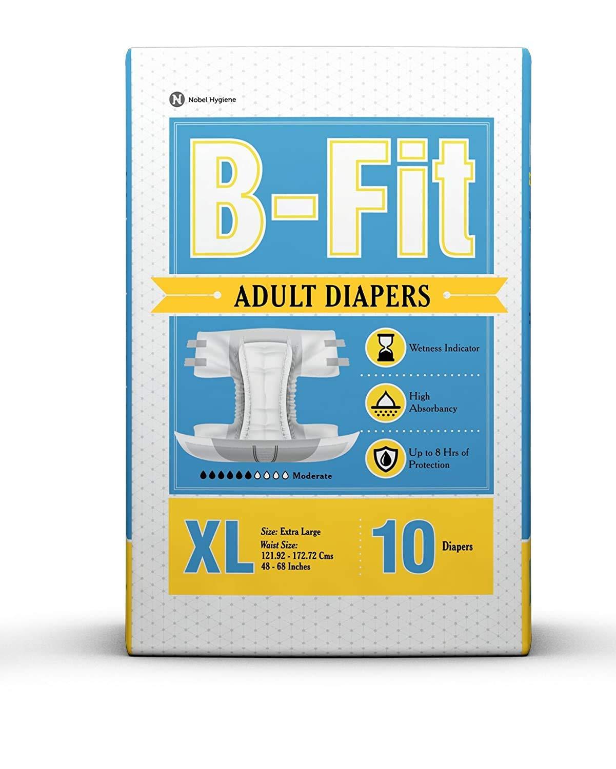 Nobel Hygiene B-Fit Diapers Adult Diapers X-Large (10 Pcs/Pack), Size- 48-68 Inches,(Pack of 6)