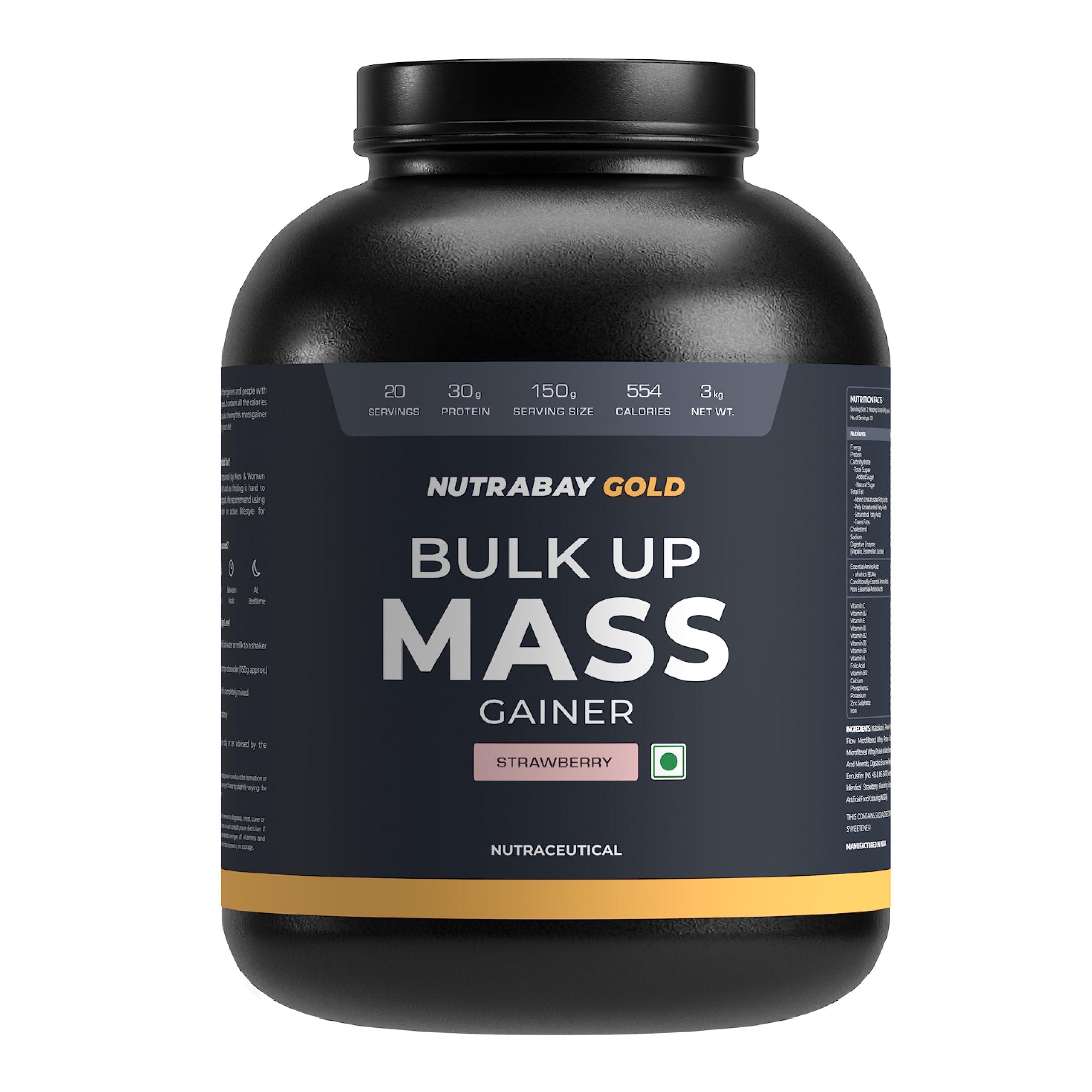 Nutrabay Nutrabay Gold Bulk Up Mass Gainer Powder - 3kg, Strawberry | 30g Protein, 104g Carbs, 554 Calories | Easy to Digest | 100% Veg Muscle Building & Weight Gainer Supplement for Men & Women