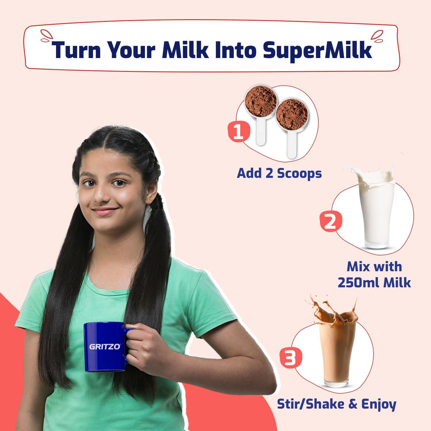 Gritzo Gritzo SuperMilk Overall Growth (13+y Girls), 12g Protein (Double Chocolate, 400g) | Zero Refined Sugar, 21 Vitamins & Minerals