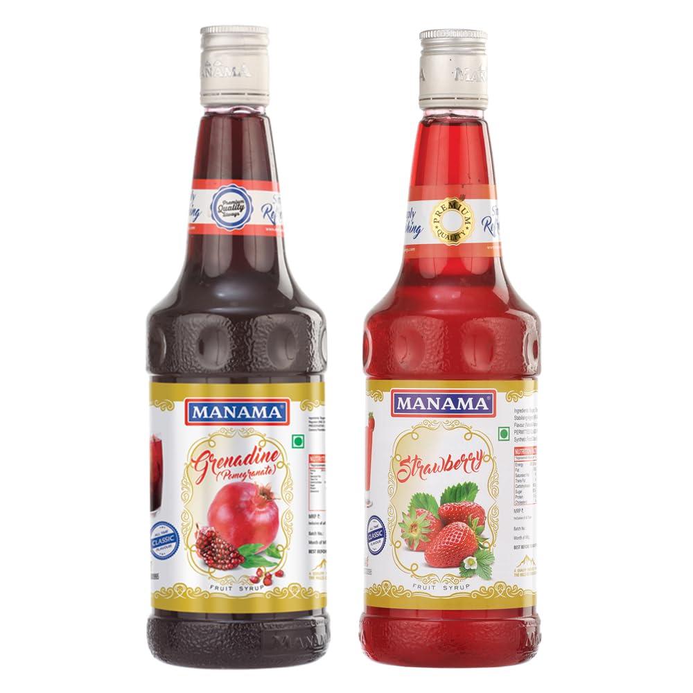 Manama Manama Grenadine Syrup and Strawberry Syrup, 750ML Each, Mixer for Mocktails, Cocktails, Drinks, Juices, Beverages, Pack of 2
