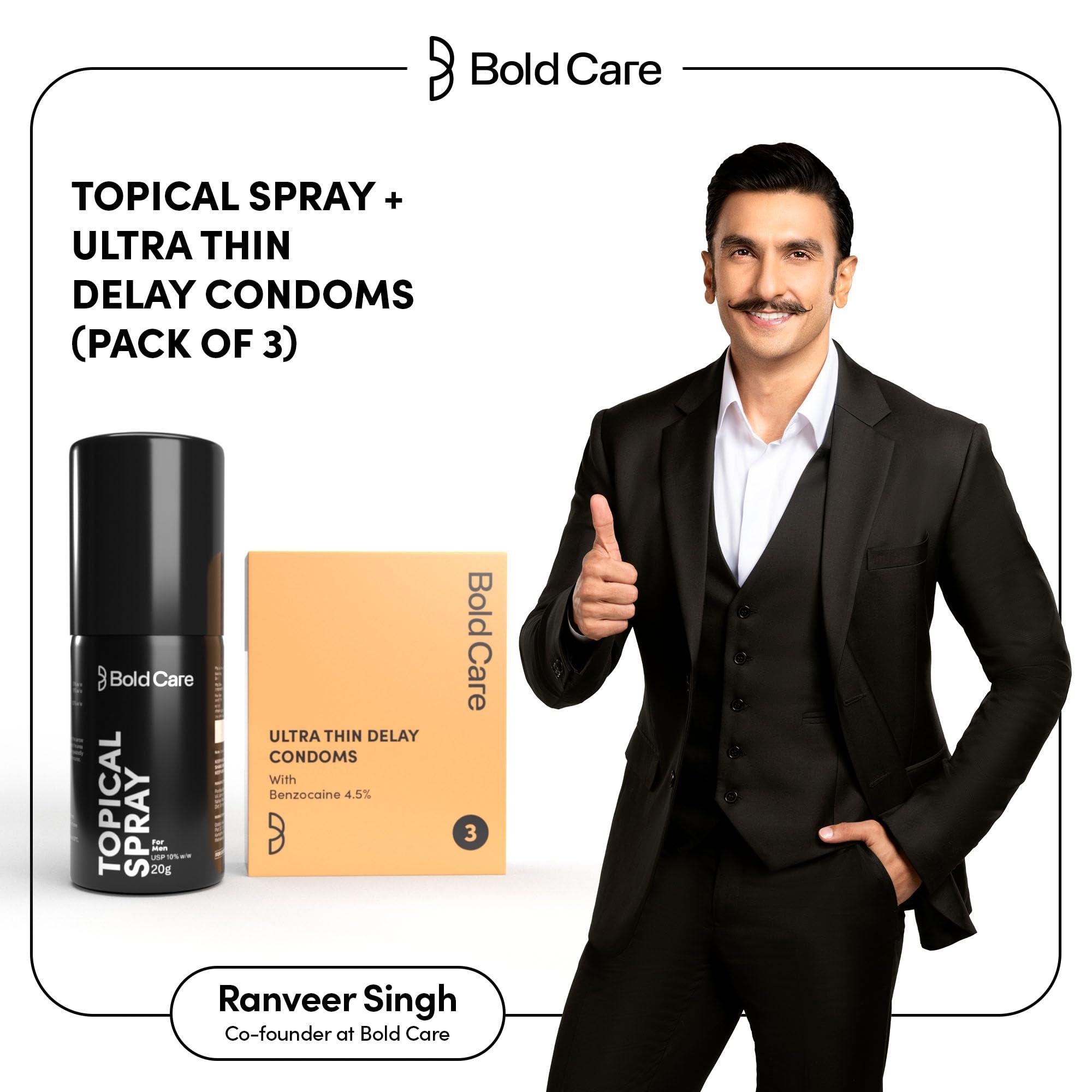 Bold Care Bold Care EXTEND Non-Transferable Spray for Men - 20g (Pack of 1) + Bold Care Ultra Thin Long Last Condoms - Lubricated, Natural Latex (Pack of 3) - Combo