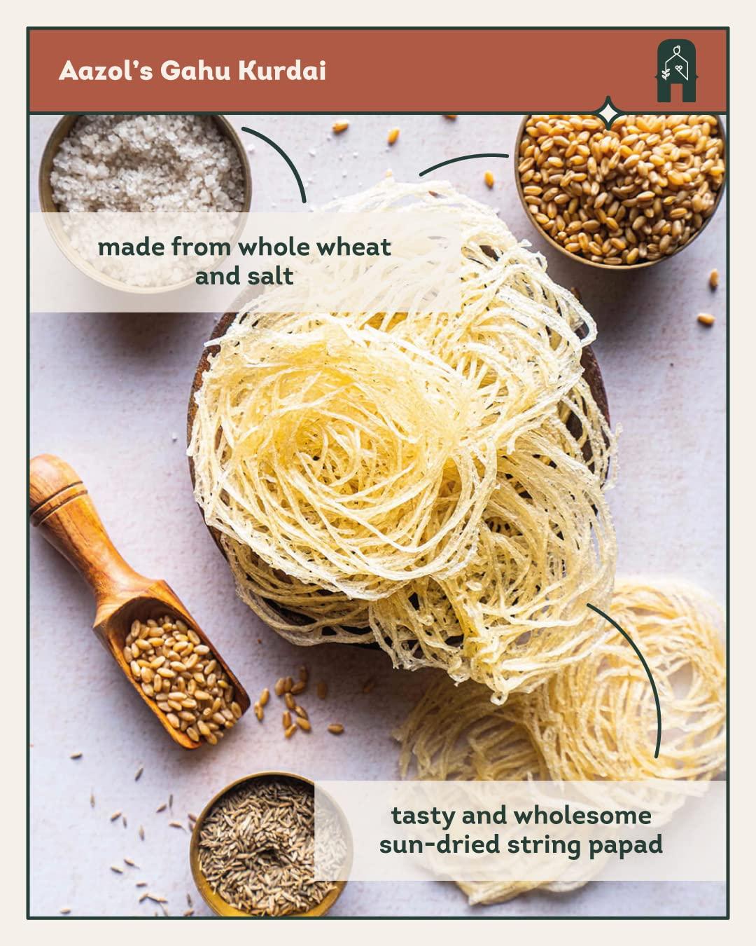 AAZOL Aazol Whole Wheat String Papad: Gahu Kurdai - 600gms (Pack of 3-200gms each) | Sun-dried Kurdai Papad | Healthy Indian Snack | Tasty Fryum Option | Perfect Meal Accompaniment