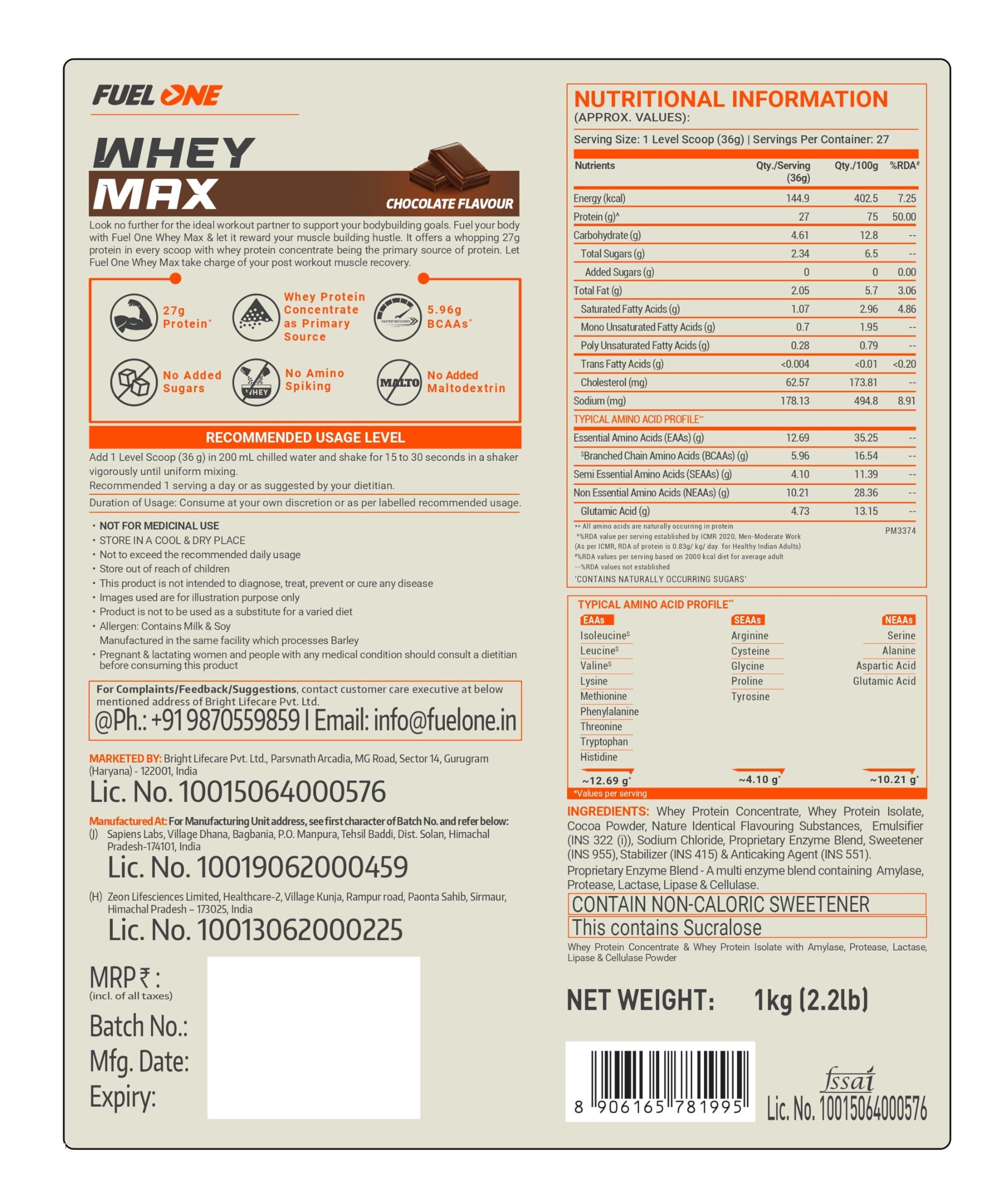 FUELONE FUELONE Whey Max (Chocolate, 1kg / 2.2lbs) | Whey Protein Concentrate & Whey Protein Isolate | 27g Protein & Creatine Monohydrate (Unflavoured, 100g, 33 Servings) | Combo Pack