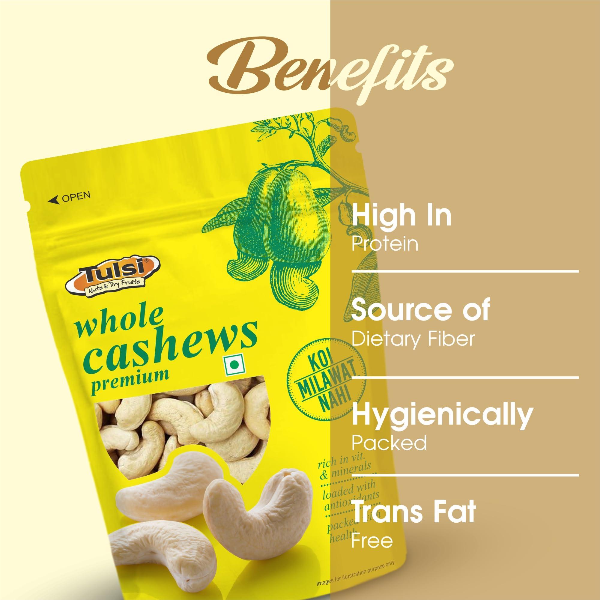 Tulsi Tulsi Whole Cashew Premium (Grade W320) 1Kg (200g x 4) | Handpicked Kaju Nuts | Premium Cashew Nuts | Raw Cashews | Rich in Protein | Source of Dietary Fiber | Good Size | Whole Kaju | (Pack of 4)