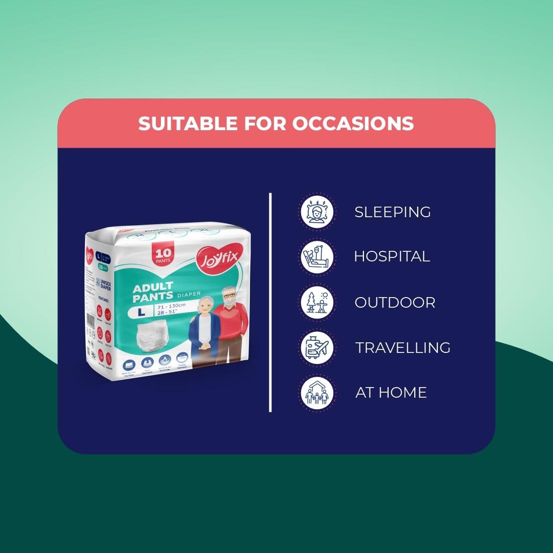 Joyfix JOYFIX Adult Diapers | Pant Style | Waist Size 71-130 cm (28\"-51\") | Large | Pack of 3 | Odour lock | Anti-Bacterial Absorbent - L (30 Pieces)