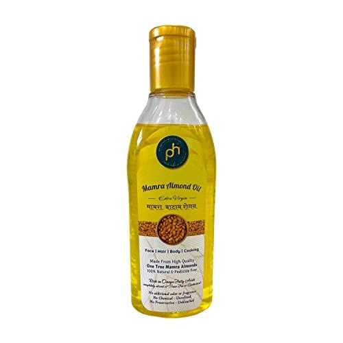 PH PHs Organic Kashmiri Mamra Almond Oil 100ml | Cold Pressed Watermill (Gharat) extracted in Kashmir valley | Extra Virgin | Mamra badam Rogan rich in Vitamin E good for Hair Skin and Diet