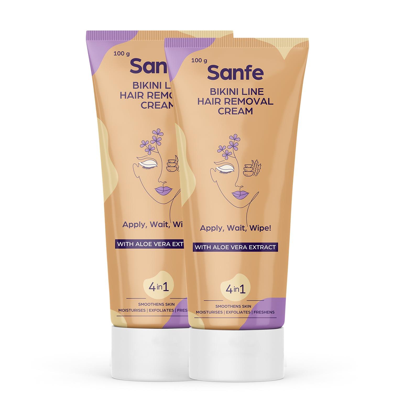 Sanfe Sanfe Bikini Line Hair Removal Cream WIth Aloe Vera Extract Perfect for Legs, Underarms, Bikini Line, Arms | 3x Longer Lasting Smoothness than Razors | With No Bad Smell - 100 Gram (Pack Of 2)