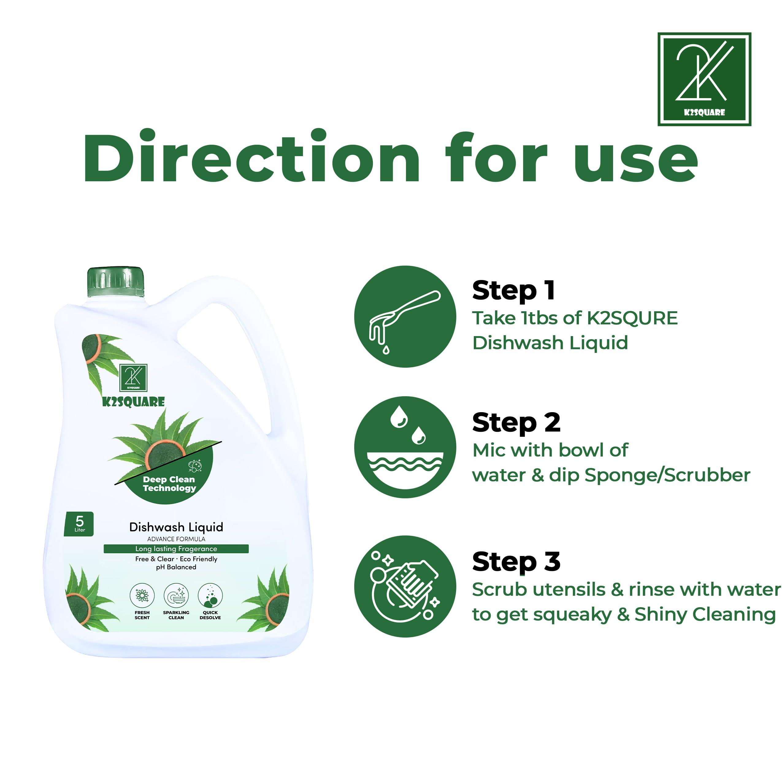 K2SQUARE Dishwashing Liquid, Advanced Degreasing Power, Vegan and Cruelty-free (Green)