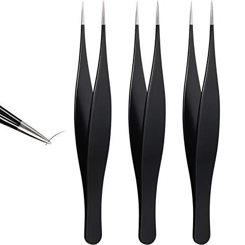 Mudder 3 Pieces Tweezers for Ingrown Hair Stainless Steel Pointed Blackhead Remover Precision Eyebrow and Splinter Removal Tweezers (Black)