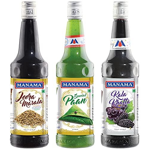 Manama Manama Jeera Masala Syrup, Paan Flavoured Syrup and Kala Khatta Flavoured Syrup, 750ML Each, Pack of 3