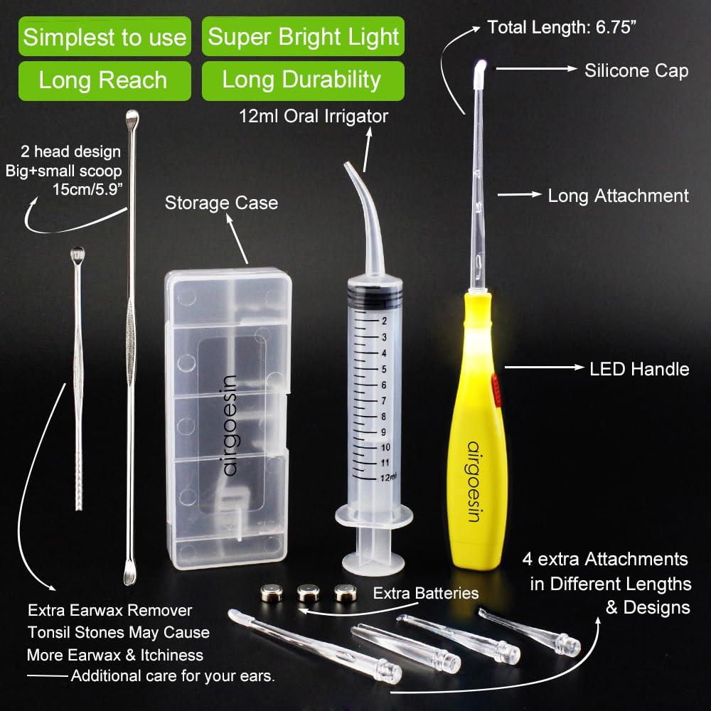 airgoesin Airgoesin Lighted Tonsil Stone Remover Tools or Earwax Removal Tools, Yellow, 3 Tips, Tonsillolith Pick Case + 1 Irrigator Cleaner : Yellow