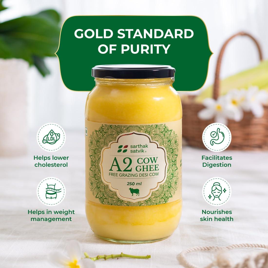 Sarthak Satvik Sarthak Satvik A2 Cow Ghee Desi Organic Butter Pure Nutrient Rich Ghee Made With Traditional Binola Method,Unsalted And Original Ghee,Natural Flavour,Lactose-Free And Keto-Friendly,250 Ml (Pack Of 1)