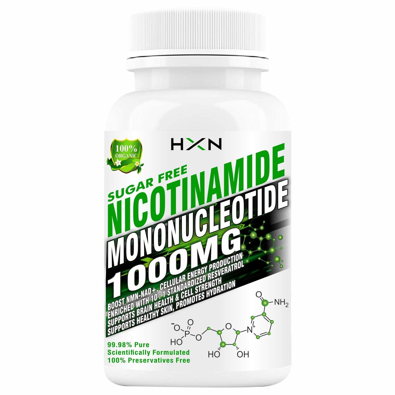 HXN HXN Nicotinamide Mononucleotide NMN Supplements 1000mg With Trans Resveratrol, Ultra High Strength 99.98% Pure NAD Plus Supplement-60 Sugar Free Tablet (Pack 1) (midium, 60)