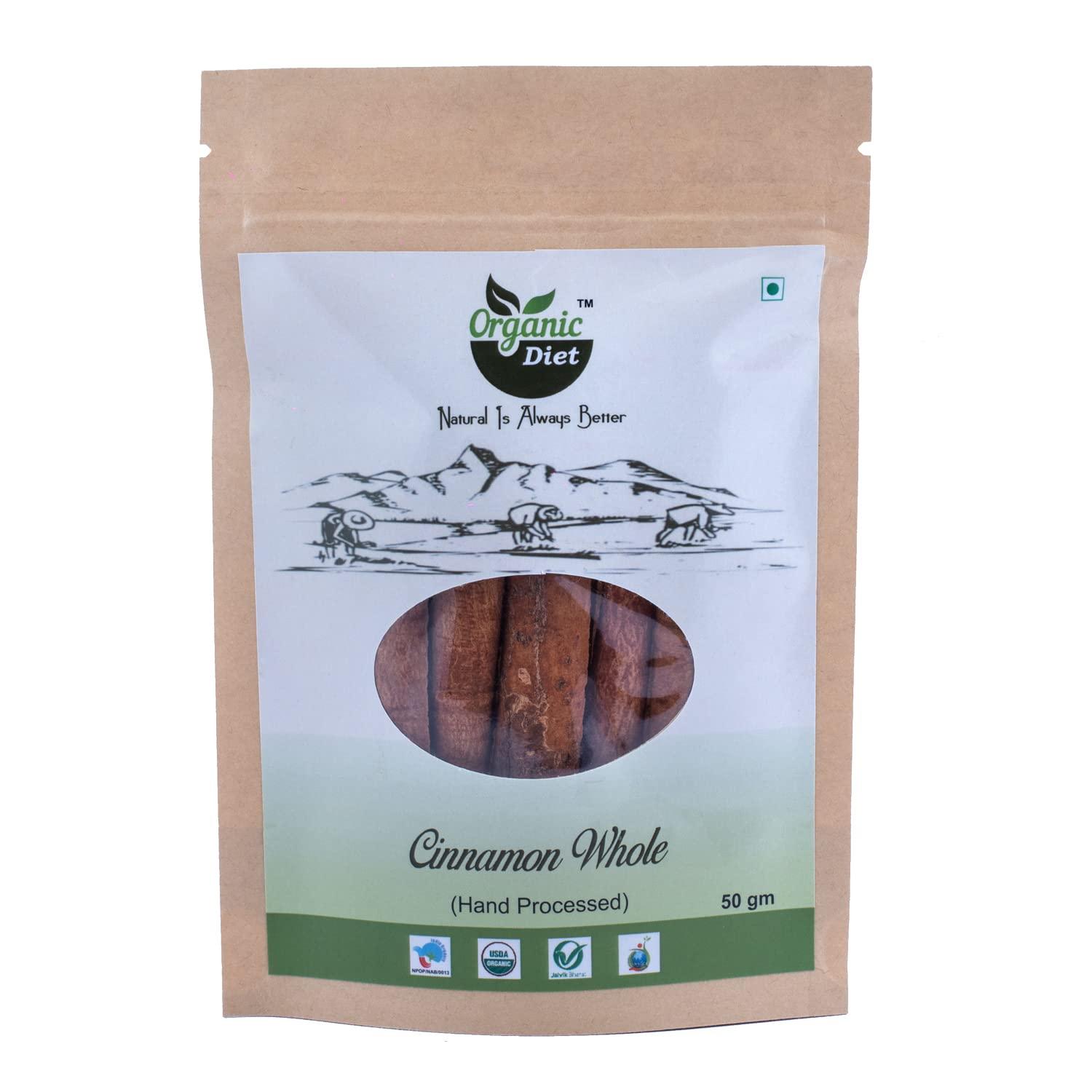 Organic Diet - Natural is Always Better Organic Diet Fresh & Pure Organic Cinnamon Stick Whole Raw (Cinnamon Bark | Dalchini | Cinamanon Stick) Delicious Spices Whole and Nutritionally Rich, Chemical & Pesticides Free, 50 gm (Pack of 1)