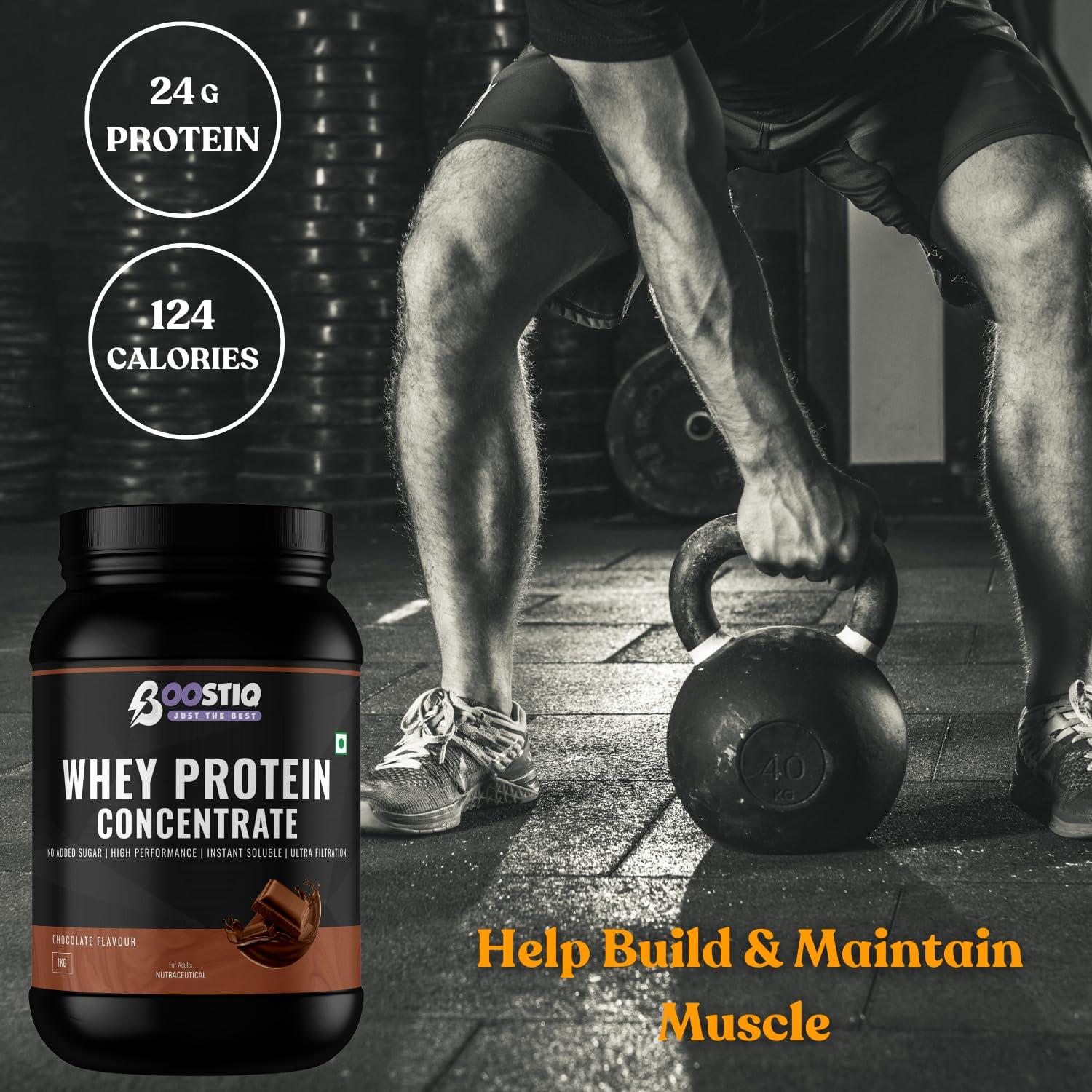 BOOSTIQ BOOSTIQ Whey Protein Concentrate 1KG Chocolate (30 Servings) | Fast Absorbing And Easy to Digest 100% Authentic Whey Protein Powder For Women, Men & Athletes | 23.7g Pure Protein Per Scoop (1KG, Chocolate)