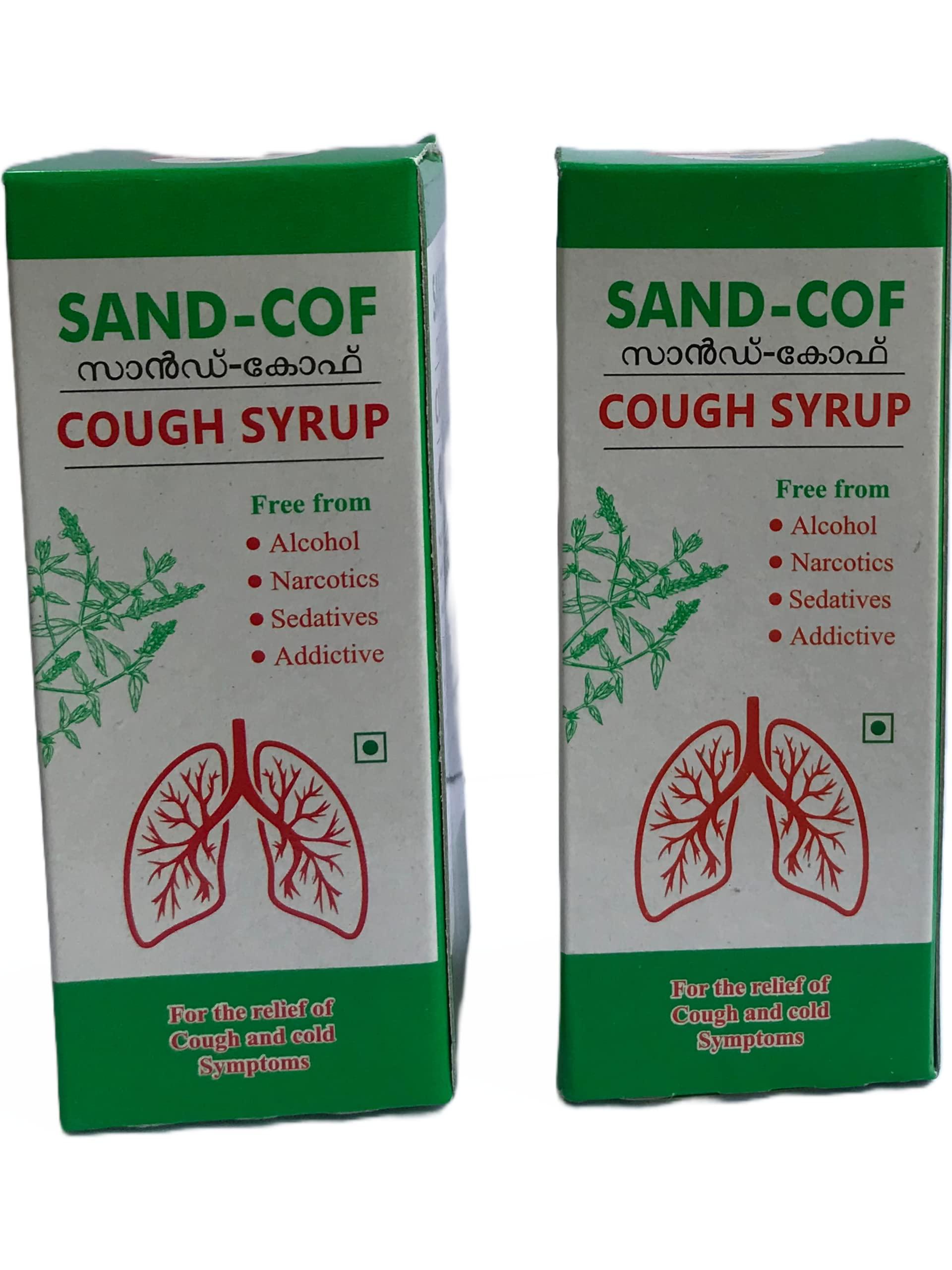 SAND COF Sand Cof Cough Syrup With Goodness of Chukku, Aymodakam, Thippali, Adalodakam, Kurumulaku & Tulsi, Ayurvedic Cough Reliever, (100ml - Pack of 2)