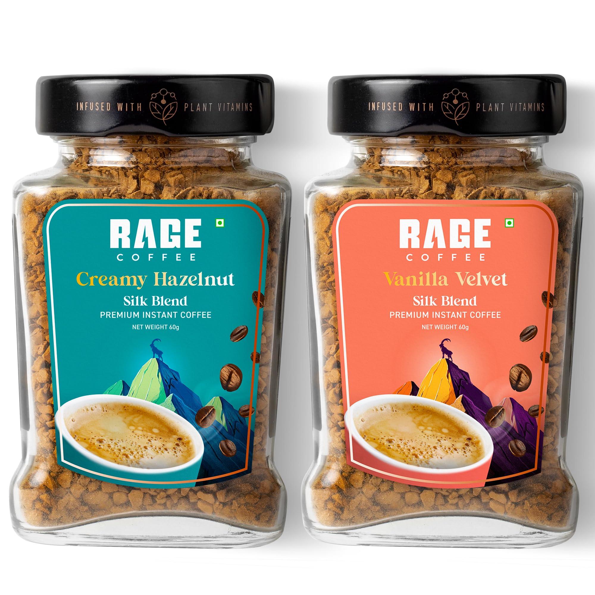 RAGE COFFEE Rage Coffee Silk Blend Instant Coffee | Creamy Hazelnut & Vanilla Velvet Silk Blend Flavoured Coffee 60 GMs Each | 100% Pure Instant Coffee | Premium, Bold & Smooth | Pack of 2