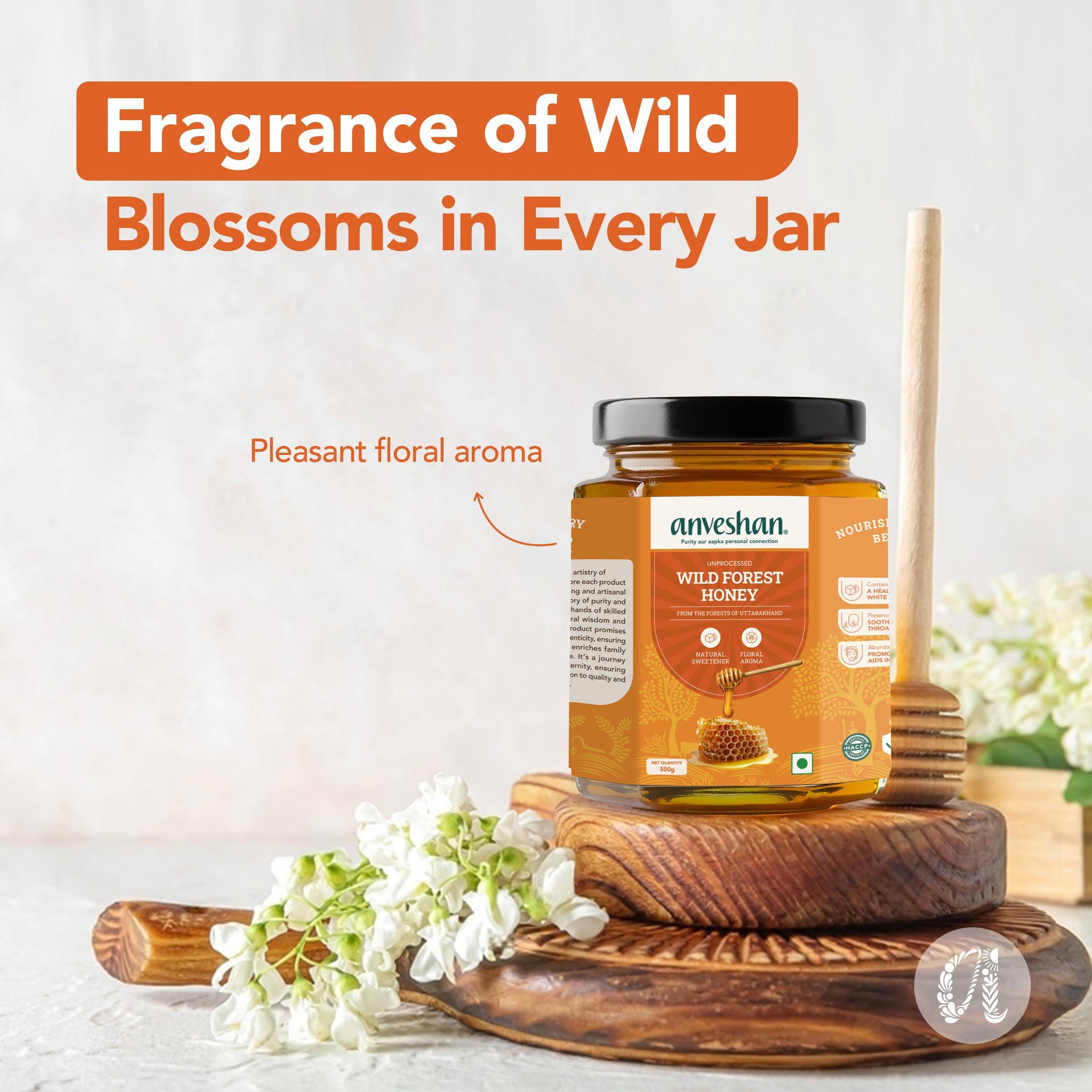 Anveshan Empowering farmers with technology Anveshan Wild Forest Honey 500g | Glass Jar | NMR tested | Raw & Unprocessed | No Added Sugar | Immunity Boosting