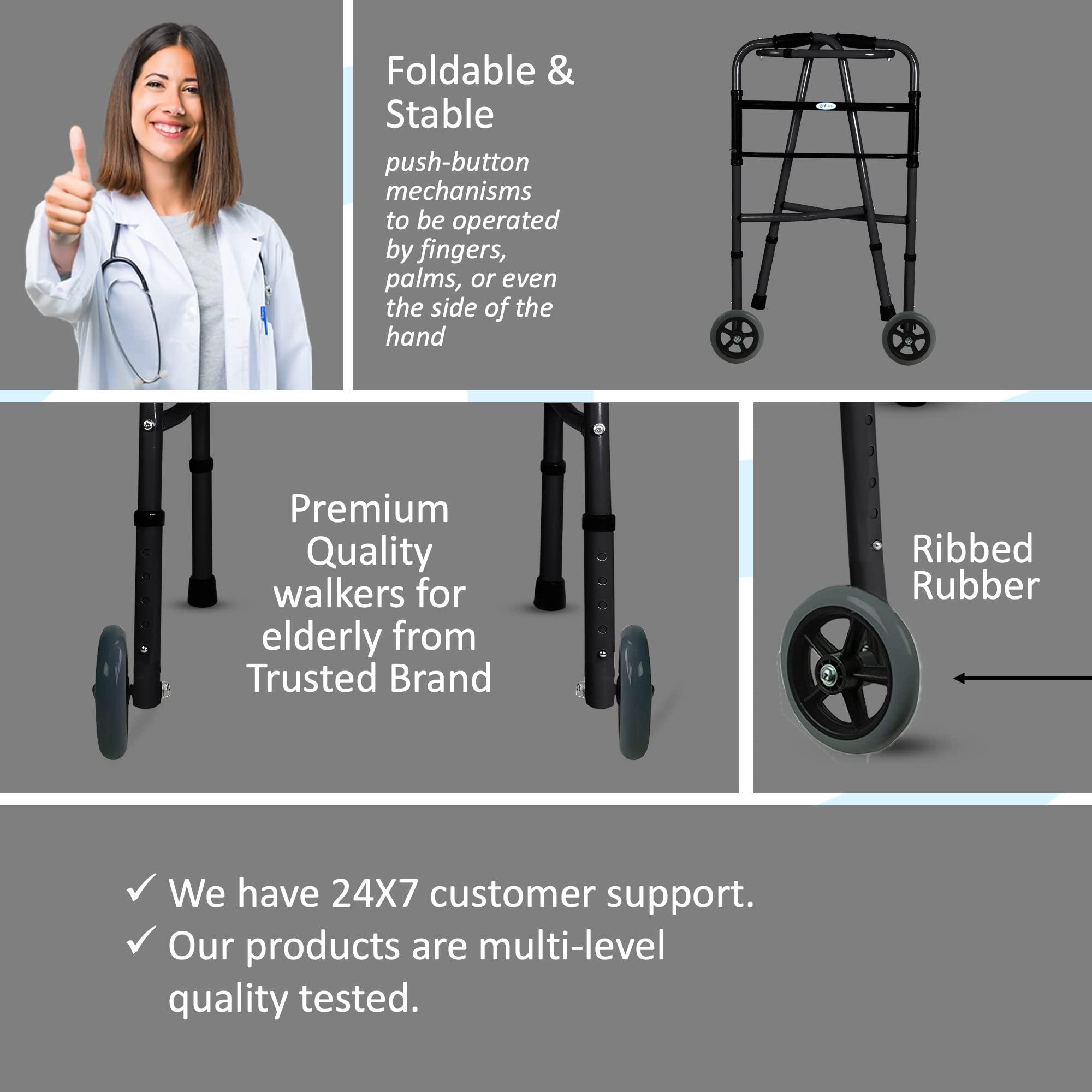 entros Entros Adult Walker with Wheels | Lightweight, Foldable & Height Adjustable Walkers for Adult, Senior Citizens, Handicap & Patients | MS Power Coated, Black, W779AW