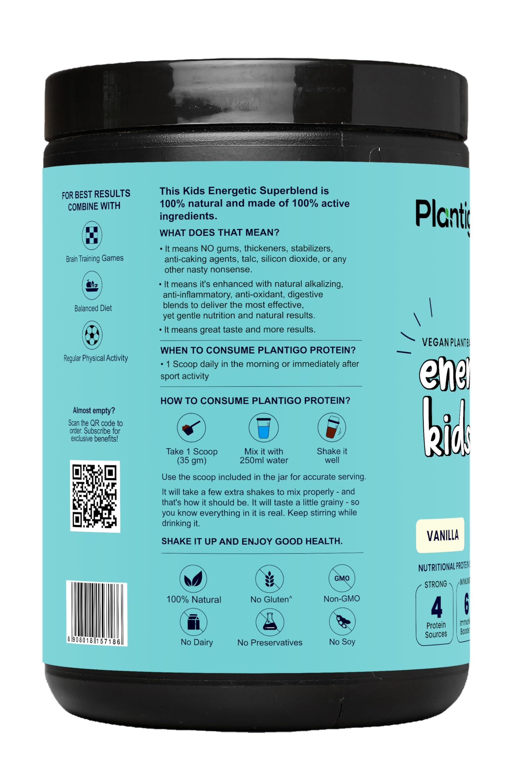 PLANTIGO Plantigo Kids Protein 14g, 11 Vitamins, 8 Minerals, Vegan Nutrition Supplement | Muscle, Bone Growth & Brain Health | Plant Protein Powder for Kids 10+ years | (Vanilla Flavor - 500g + Shaker, 600ml)