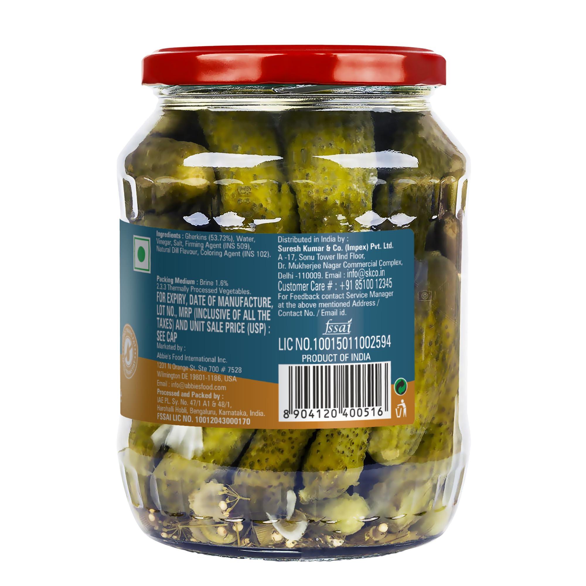 Abbie's Abbie's Gherkins Big in Brine, 680g, Pack of 2 Ready to Eat | Zero Fat Crunchy Pickle | Perfect Topping for Pizza, Pasta, Sandwich, Burger, Salad , Snacks and More |