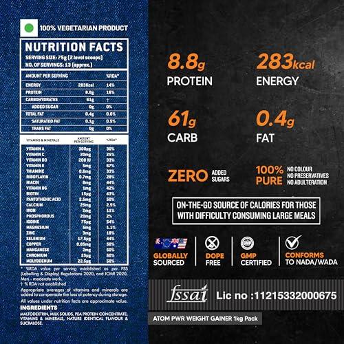 Asitis Nutrition Asitis Nutrition Atom Weight Gainer Powder 1Kg | 61.1G Carbs & 8.8G Proteins | Easy Source Of Weight-Gaining Calories | Boosts Workout Performance | Kesar Elaichi Flavor