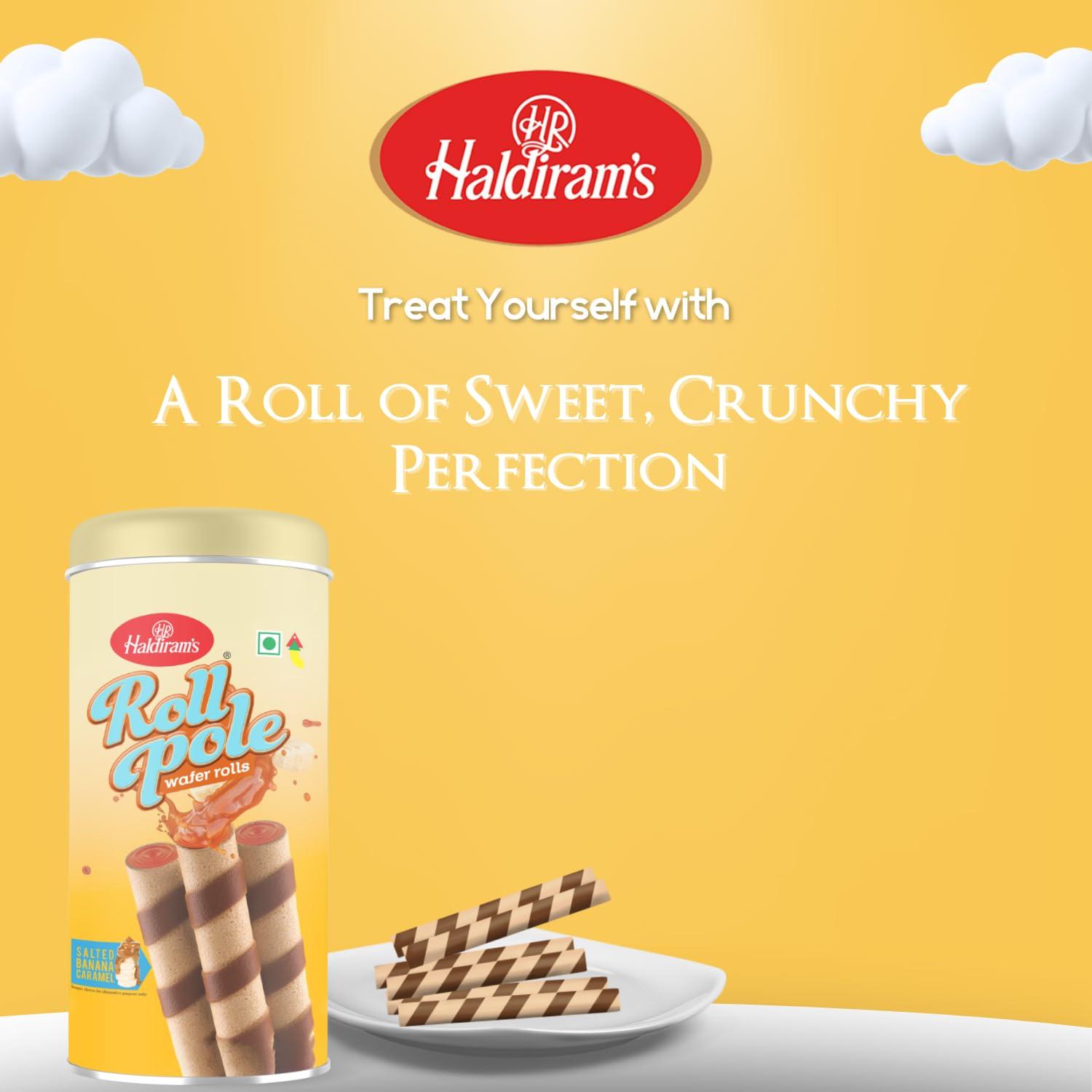Haldiram's Haldiram\'s Roll Pole Salted Banana Caramel 150gm | Wafer Roll Sticks | Smooth Crunchy Snacks | Crackers | Sweet Treats for Kids | Rich and Creamy | Ready to Eat Snacks | Sweet Dessert