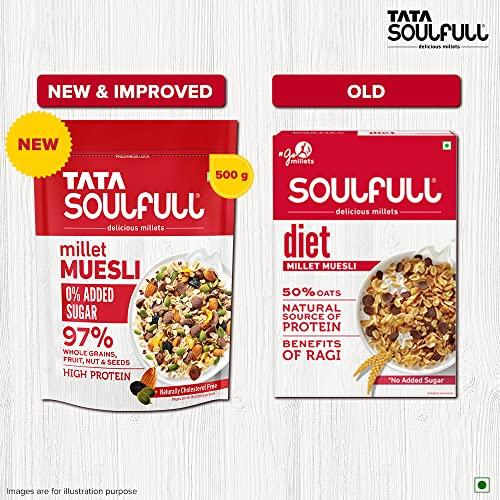 Soulfull Tata SoulfullFruits, Nuts & Seeds Millet Muesli, Contains Flax, Pumpkin & Chia Seeds, 500g & Tata Soulfull 0% Added Sugar Millet Muesli, High Protein, Rich in Fibre, 500g