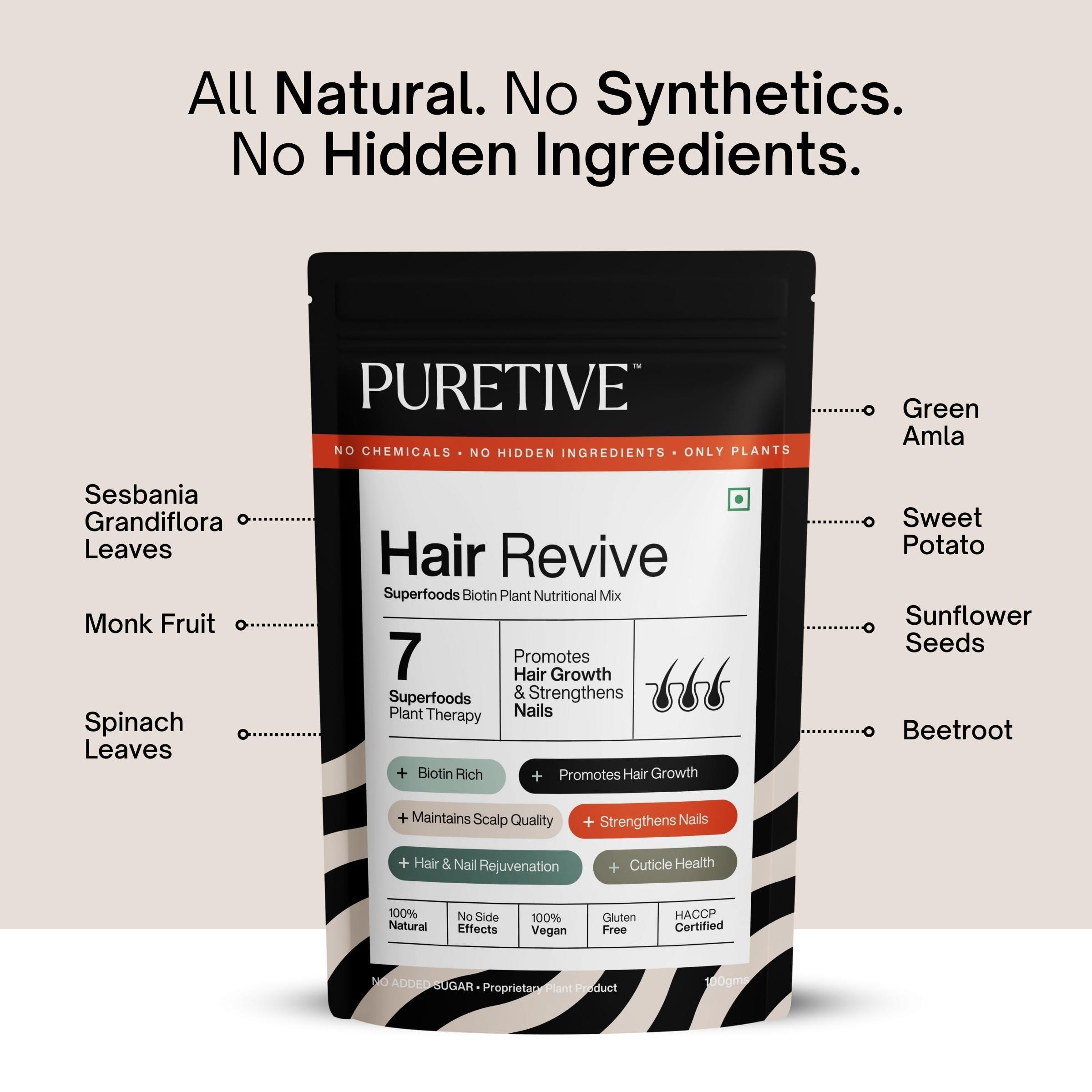 Puretive Puretive Hair Revive | Plant Based Biotin Powder | Promotes Healthy Hair and Fights Hair Fall | Promotes Hair Growth - 100% PURE, Non-GMO, Vegan | Superfood for Everday use | Just Mix & Sip | 100gms