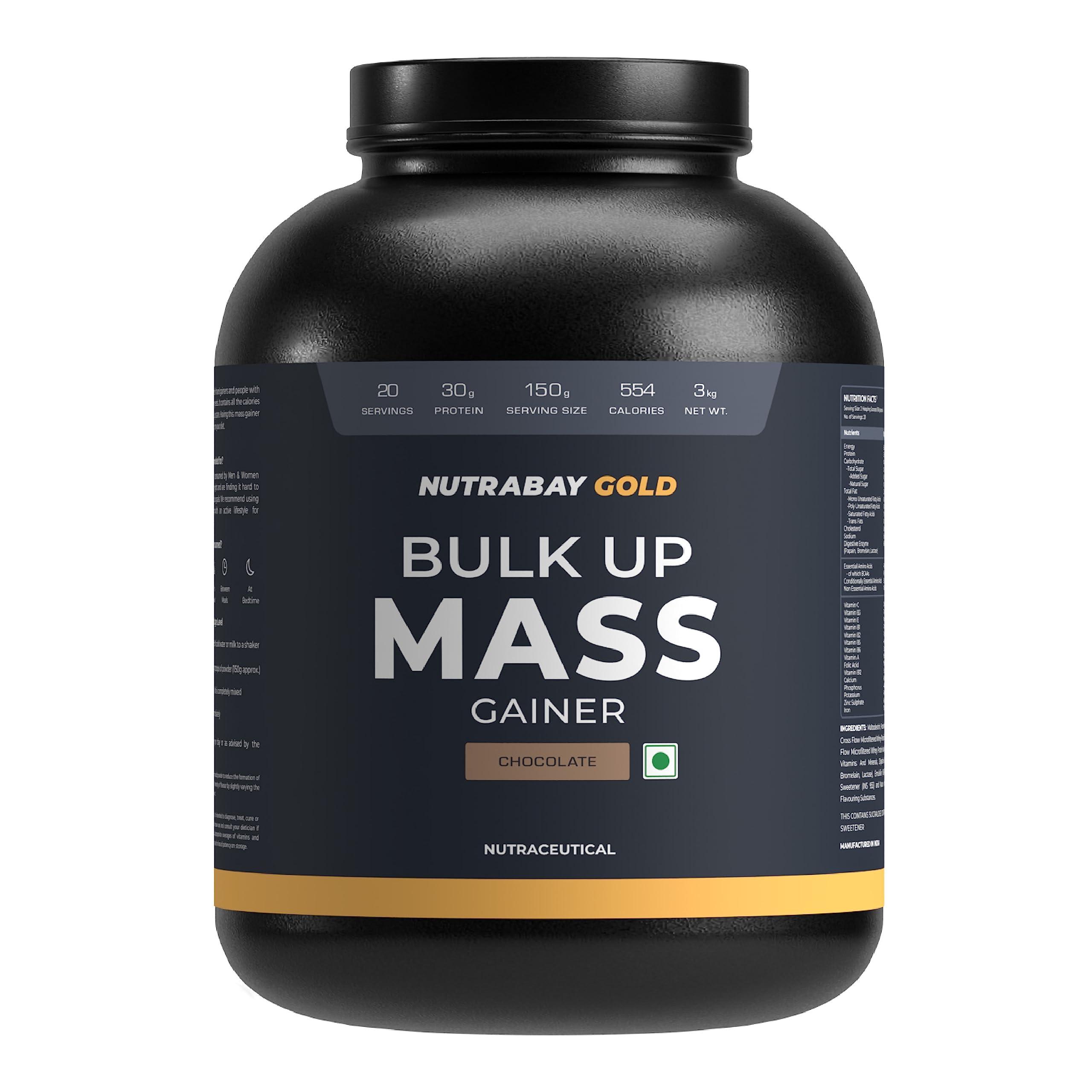 Nutrabay Nutrabay Gold Bulk Up Mass Gainer Powder - 3kg, Chocolate | 30g Protein, 104g Carbs, 554 Calories | Easy to Digest | 100% Veg Muscle Building & Weight Gainer Supplement for Men & Women
