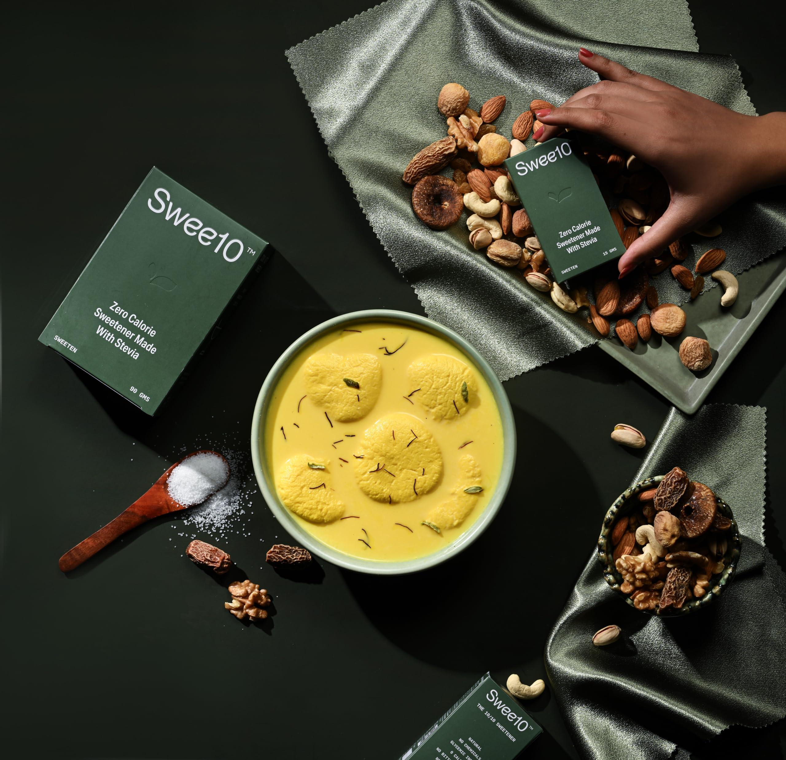 SWEE10 Swee10 Natural Stevia Sweetener - Zero Calorie Sugar Substitute for Low Sugar, Low Carb Diets - Vegan, Non-GMO Powder for Hot & Cold Drinks, Making Coffee & Tea, Cooking & Baking 90g Sachet Box