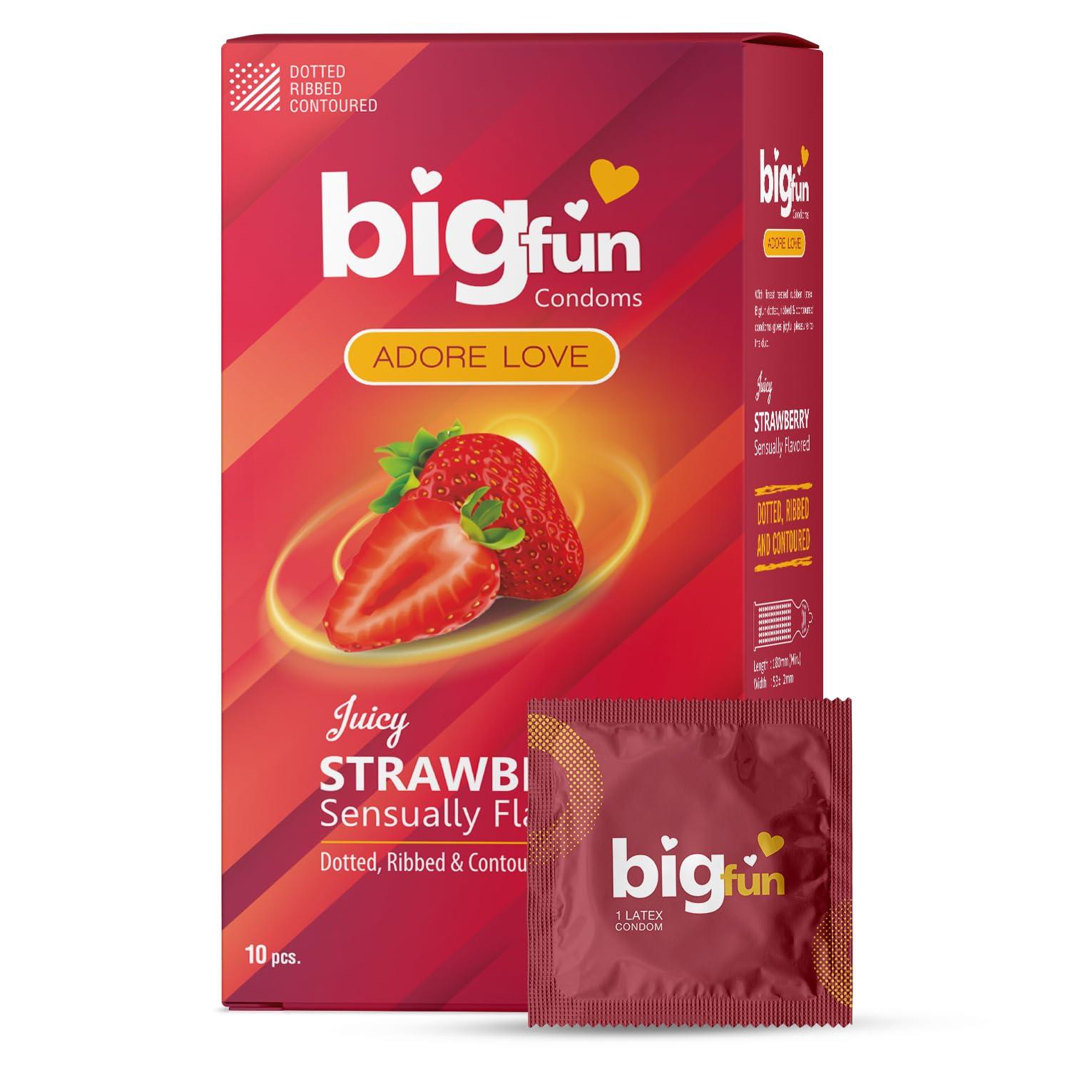 BIGFUN Bigfun Flavoured Dotted, Ribbed & Contoured Long Last Condoms For Men Count 10 - Total 30 Pcs (Juicy Strawberry, Pack of 3)
