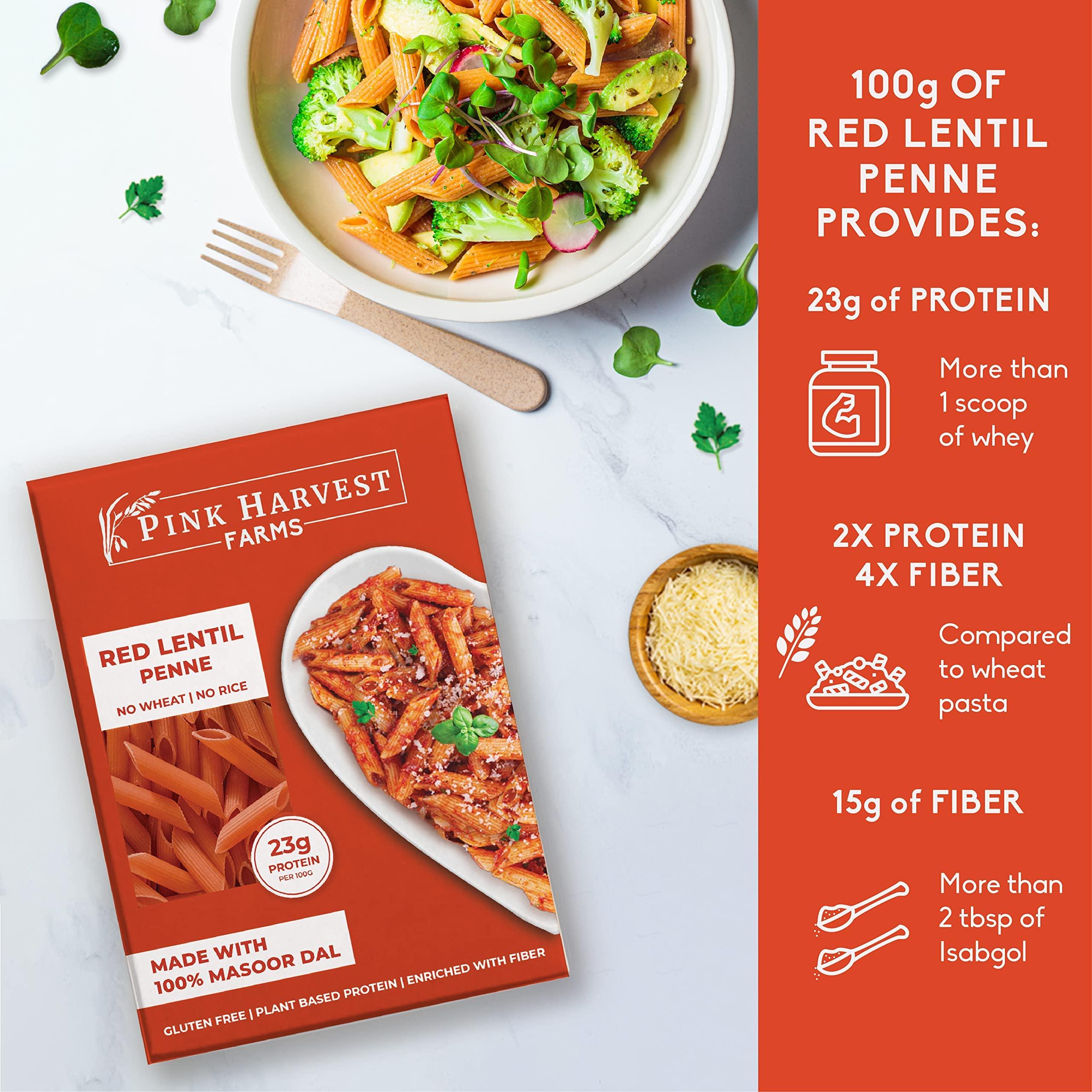 Pink Harvest Farms Pink Harvest Farms Red Lentil Pasta | No Rice - No Maida | Vegan | Gluten Free | High Protein | (Red Lentil Penne Pasta, 200 g (Pack of 2))