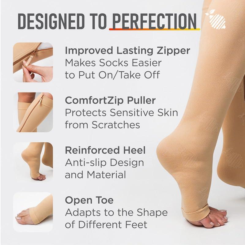 Lemon Hero Lemon Hero Medical Compression Socks - Open Toe 15-20 mmHg Zipper Compression Stockings for Men and Women Lightweight compression socks for Pregnant Women & Nurses Large, Beige [1 Pair]