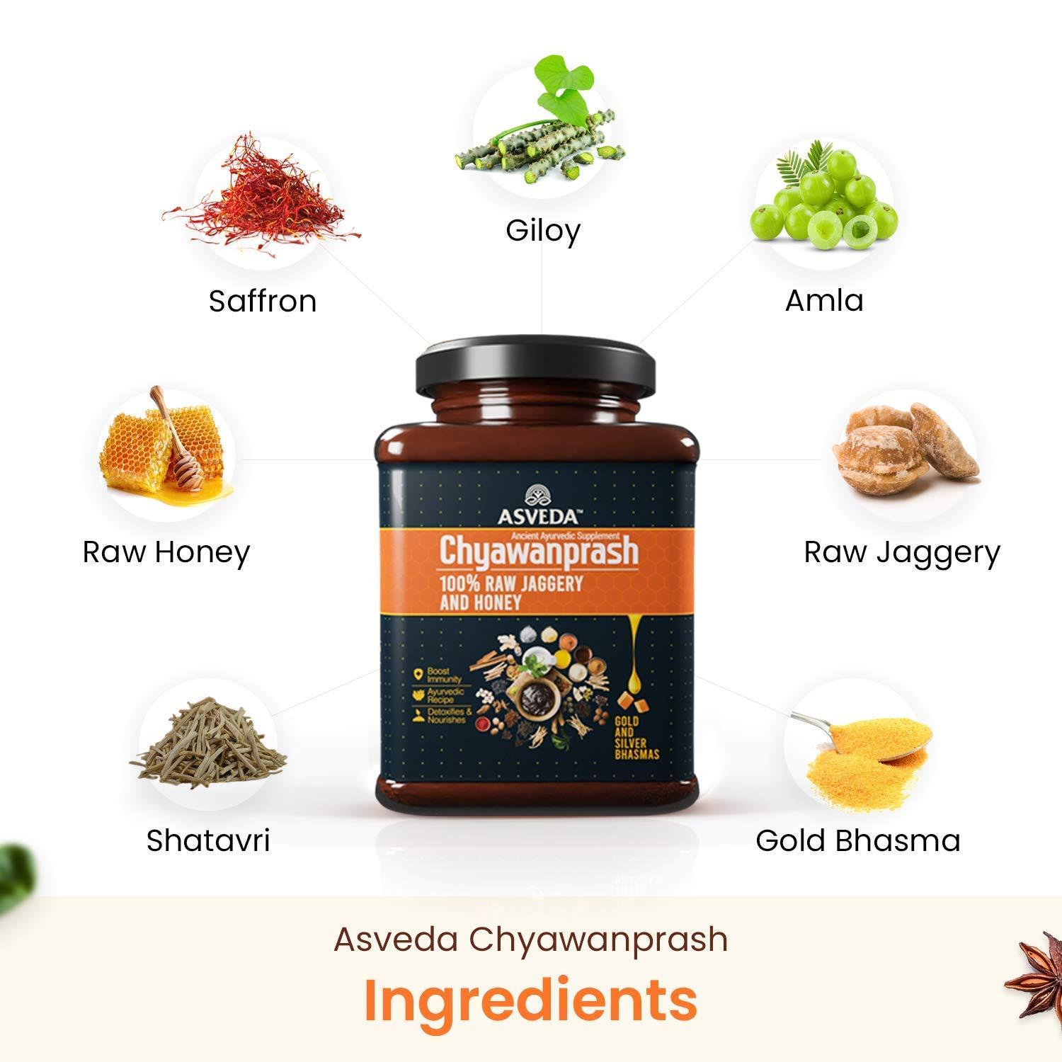 Asveda Asveda Adults and Kid's Sugar Free Chyawanprash with Sona Chandi Bhasma, Jaggery & Raw Honey in Glass Jar for Immunity Booster (1 Kg, 500 gm Each) - Pack of 2