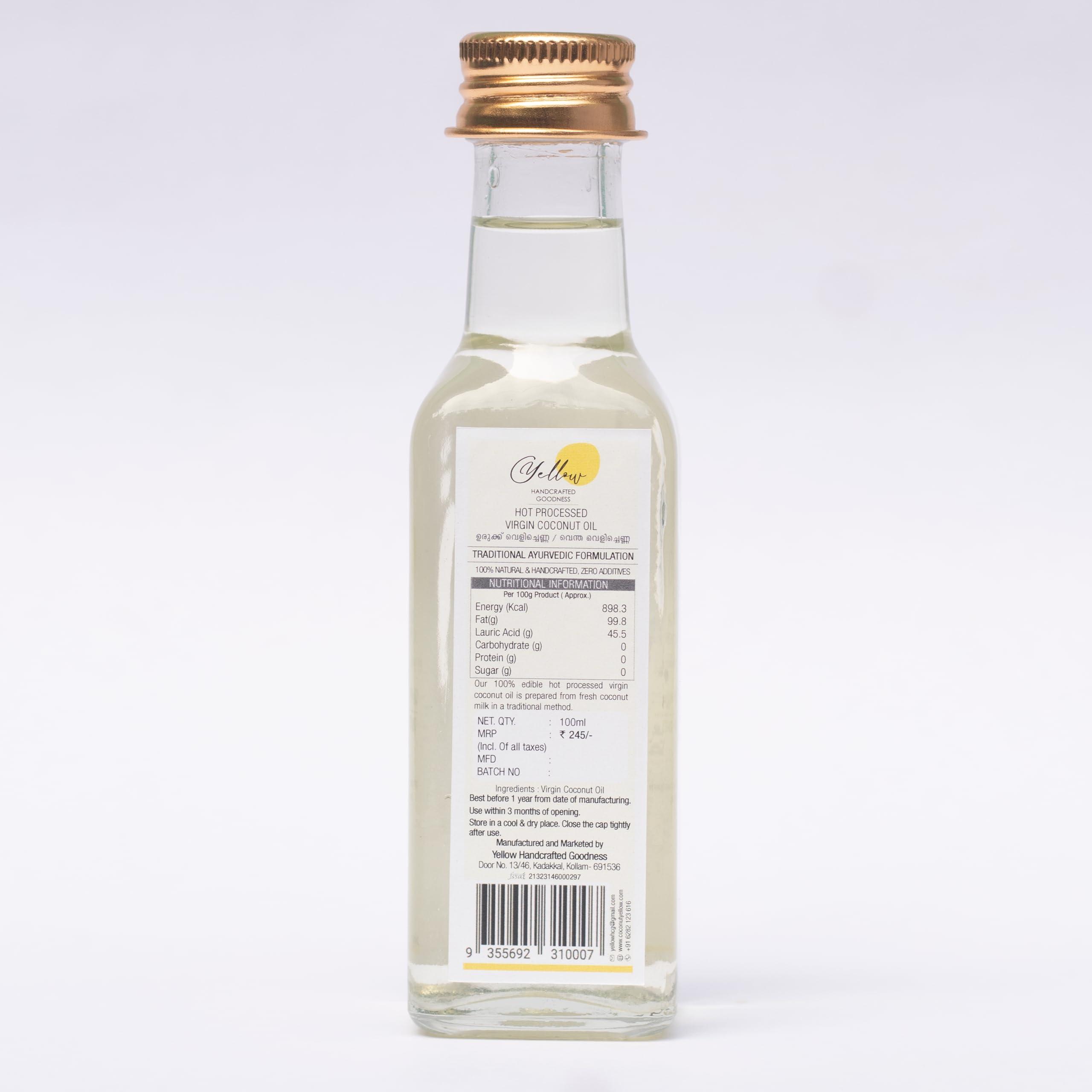 YELLOW HANDCRAFTED GOODNESS YELLOW HANDCRAFTED GOODNESS VIRGIN COCONUT OIL- HOT PROCESSED | 100ml | (Urukku Velichenna/Ventha Velichenna) | ZERO ADDITIVES | 100% NATURAL & HANDCRAFTED
