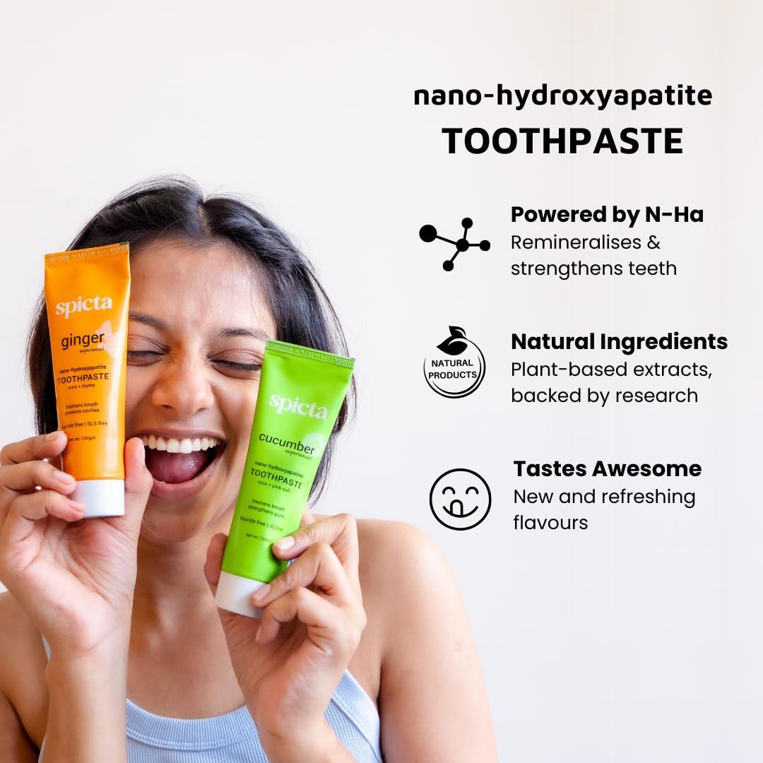 SPICTA Spicta Cucumber Mint & Ginger Mint Natural Hydroxyapatite Toothpaste | Teeth Whitening, Removes Bad Breath, Tartar, Plaque I Herbal, Fluoride Free, SLS Free Toothpaste for Adults & Kids | Pack of 2