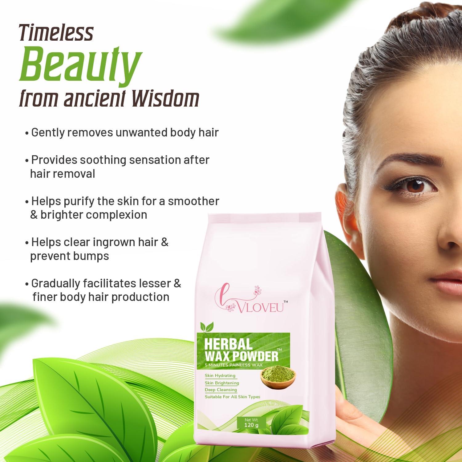 VLOVEU VLOVEU - Herbal Wax Powder for Hair Removal - 120g | 5 Minutes Painless Facial Hair Removal Powder for Women | Natural Face Hair Remover, Bikini, Legs, And Underarms Wax Powder - Pack of 1