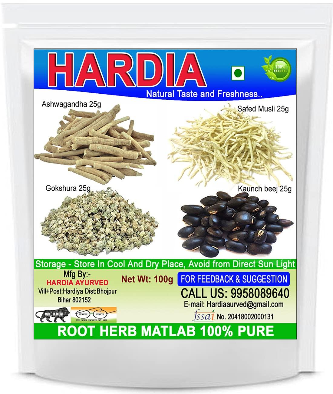 Hardia Hardia Safed Musli, Kaunch Beej Gokhru & Ashwagandha 100 Grm Combo Pack [25 Grm Each]
