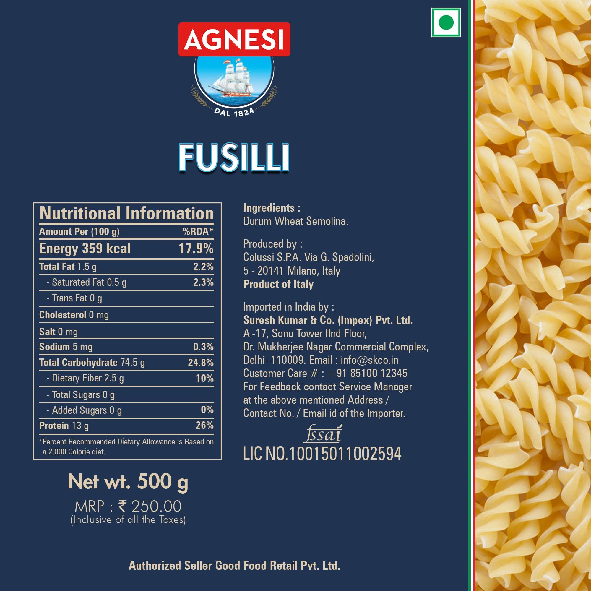 Agnesi Agnesi Fusilli Pasta, 500g l Imported from Italy l Low Calories l Zero Cholesterol l Zero Salt l No Added Sugar l Durum Wheat l