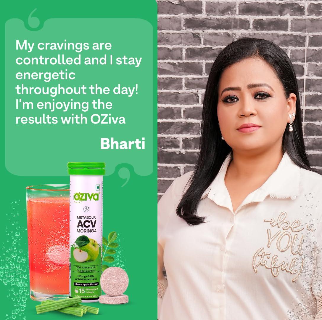 OZiva OZiva ACV Moringa | Control Cravings I Apple Cider Vinegar, Cinnamon, Guggul I No Maltodextrin & No Added Sugar I 15 Effervescent Tablets - Green Apple, Pack of 8 (120 Tablets)