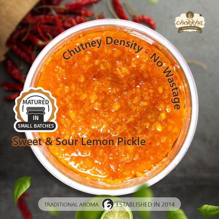 Chokkha Chokkha Traditional Homemeade Hing Mango & Sweet & Sour Lemon (Hing Aam, Khatta Meetha Nimbu) | No colour Added | Vegan | 100% Oil-Free | Combo of 2 | 400 Gm Each