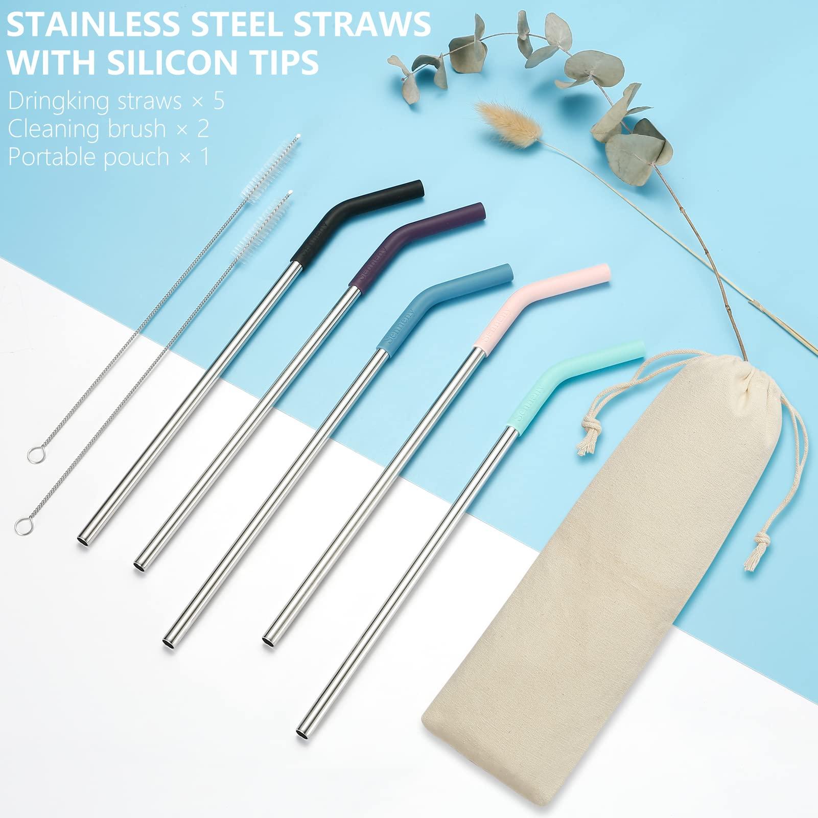 Senneny Senneny Set of 5 Stainless Steel Straws with Silicone Flex Tips Elbows Cover, 2 Cleaning Brushes and 1 Portable Bag Included (Silver)