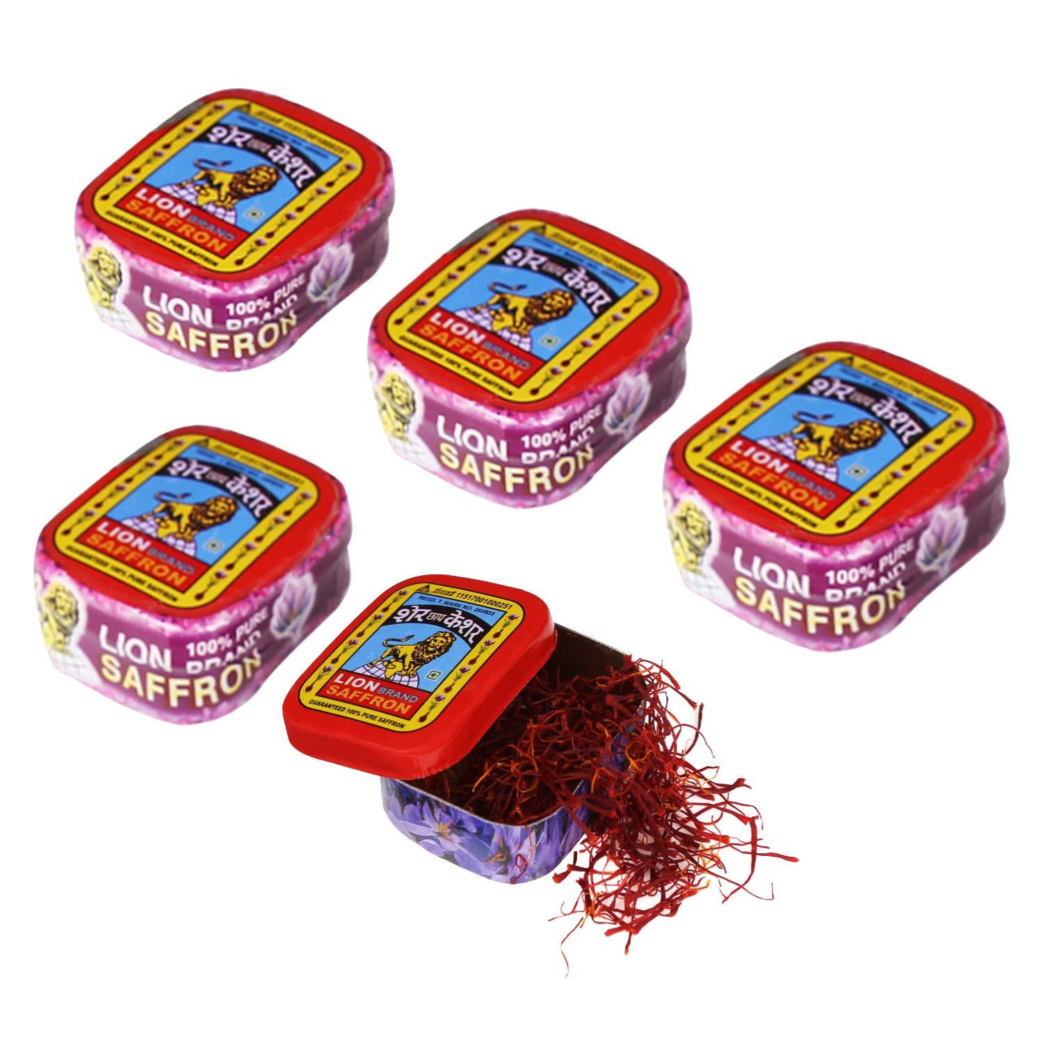 LION BRAND SAFFRON Lion Saffron, 5g, Original Kashmir Lacha Saffron/ Kesar/ Keshar (Certified Grade A) for Biryani, Beauty, Improved Health and Tilak (Pack of 5 (5 X 1gm = 5grams))